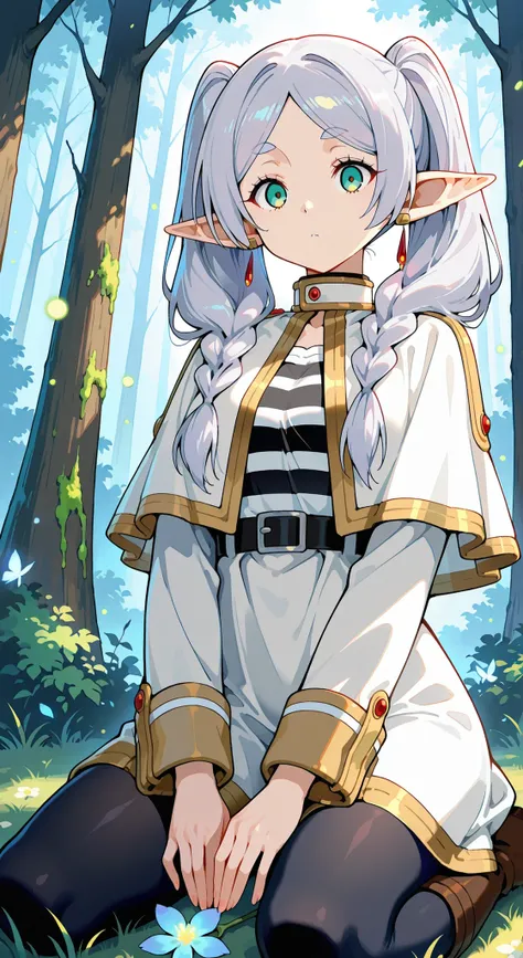 A masterpiece, of the highest quality, ultra-detailed (beautiful 2D anime style), fantasy art. A scene featuring the character (Frieren from Beyond Journey's End). A petite elf with green eyes, thick eyebrows, and long silver hair parted in the middle and ...