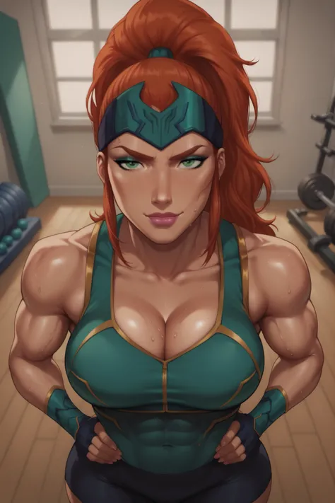 BREAK, score_6_up, score_9, score_8_up, score_7_up, high quality, masterpiece, Mera, 1girl, solo, forehead protector, green eyes, red ginger hair, high ponytail, muscular female, large breasts, cleavage, curvy, athletic, long hair, hair pulled back, pink l...