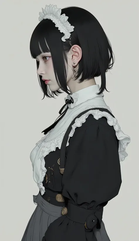 profile、The image depicts a person wearing classic maid attire, It features a black dress with prominent white ruffle accents along the neckline and shoulders. has a black ribbon around the neck, hangs gracefully on the front. The dress is adorned with whi...