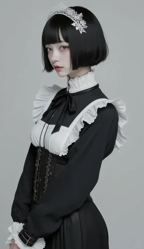 profile、The image depicts a person wearing classic maid attire, It features a black dress with prominent white ruffle accents along the neckline and shoulders. has a black ribbon around the neck, hangs gracefully on the front. The dress is adorned with whi...