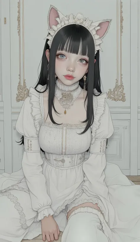 arafed woman in a costume sitting on the floor with a white ドレス, コスプレ of a catboy! メイド! ドレス, メイド outfit, anime girl in a メイド costume, コスプレ, anime girl コスプレ, ornate コスプレ, anime コスプレ, gorgeous メイド, コスプレ photo, anime cat girl in a メイド costume, メイド ドレス, elegan...