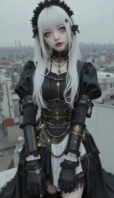 It features multiple intricate ornaments and textures、There are people wearing elaborate, detailed black and white maid-style costumes. The costume is mostly black with white accents, The headpiece has frills and frills and, Dress sleeve, and裾. The gold li...
