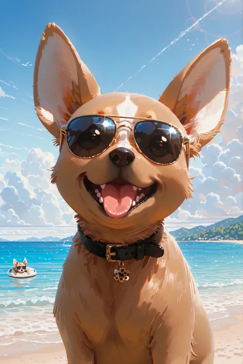 chihuahua wearing black sunglasses, Cool1Picture of a dog, beach, extremely High Quality Art , High Quality Art , High Quality Oil Paintings, Detailed works, Detailed Acrylic Painting, VERY DEFINITION PAINTING