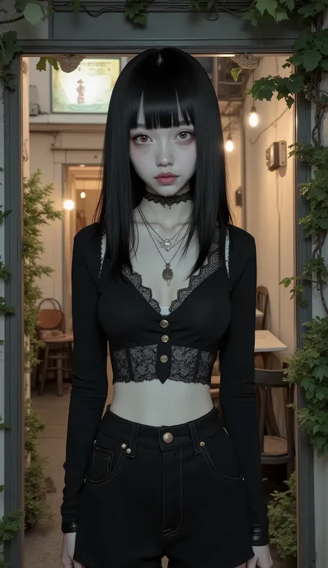 細身の人物が夜の都会の屋外に立っています。. 人物は、レースのディテールとフロントのボタンが付いた、体にフィットする黒の長袖トップスを着ています。. 下に, 淡い色のレースの縁取りのあるキャミソールかブラジャーが見えています。, 後ろにガラスのドアがあり、カジュアルで居心地の良い外観になっています. 繊細なペンダントが付いた長いシルバーのネックレスが胸元から垂れ下がっています。. シーンは暖かい街灯に照らされ、豊かな緑に囲まれています。, 背景に質感を加えている. 都市環境を思わせる設定, 遠くの建物や街灯...