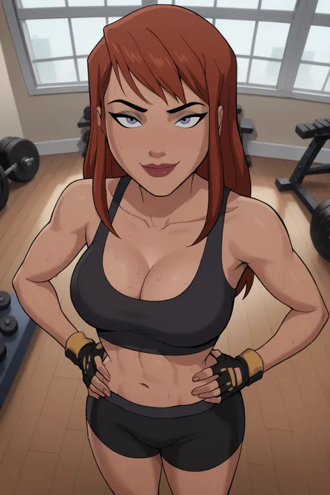 BREAK, score_6_up, score_9_up, score_8_up, score_7_up, 1girl, solo, barbara gordon, ginger hair, long hair, blue eyes, lipstick, makeup, large breasts, cleavage, curvy, athletic, busty, black sports bra, black gym shorts, yellow fingerless gloves, looking ...