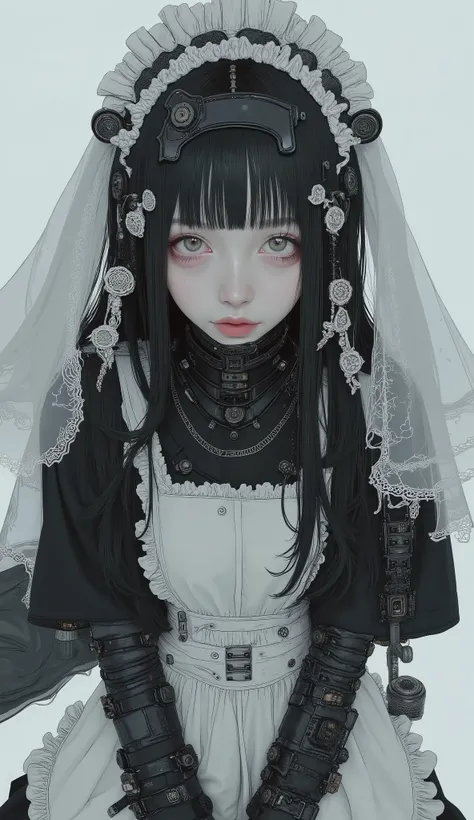 It features multiple intricate ornaments and textures、There are people wearing spacesuits with elaborate and detailed black and white maid-like designs. The costume is mostly black with white accents, 。. The composition is、It highlights the close attention...