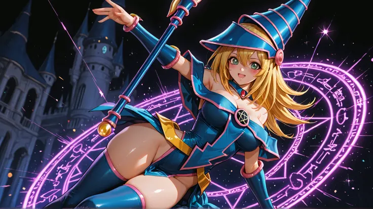 (score_9:0.9),score_8_up,score_7_up,rating_safe,(zPDXL),(zPDXL3),dark magician,solo,green eyes,purple wizard hat,purple hair,upper body,looking at viewer,1girl,purple wizard clothes,magic circle,MEDIUM breasts,thick thighs,small waist,  NSFW, glass cover, ...