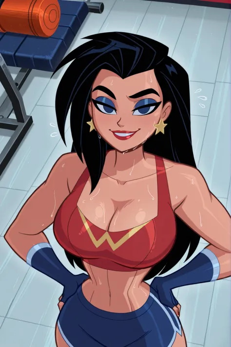 BREAK, score_6_up, score_9, score_8_up, score_7_up, ultra quality, solo, 1girl, wonderwomanjla, long hair, black hair, bare shoulders, jewelry, earrings, busty, red sports bra, blue gym shorts, blue fingerless gloves, makeup, lipstick, star earrings, looki...