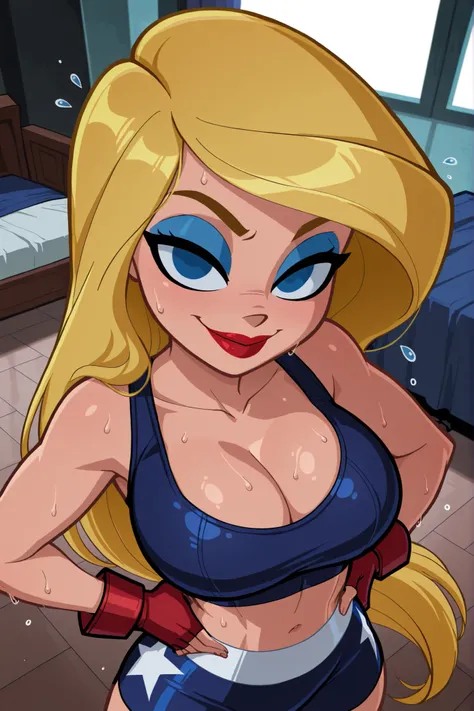 BREAK, score_6_up, score_7_up, score_8_up, score_9, Stargirl, 1girl, solo, long hair, blue eyes, blonde hair, lipstick, superhero, red lips, large breasts, cleavage, curvy, athletic, looking at viewer, seducing viewer, teasing viewer, smiling, closed mouth...