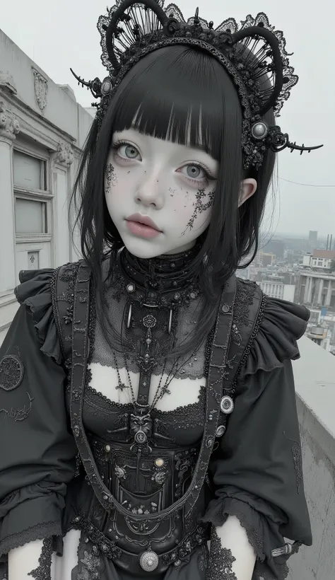 It features multiple intricate ornaments and textures、精巧で詳細な白黒のメイド風デザインのSpace Suitを着ている人がいます. The costume is mostly black with white accents, Space Suit. The composition is、It highlights the close attention to detail in the costume design.The black cloak i...