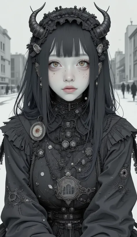 It features multiple intricate ornaments and textures、精巧で詳細な白黒のメイド風デザインのSpace Suitを着ている人がいます. The costume is mostly black with white accents, Space Suit. The composition is、It highlights the close attention to detail in the costume design.The black cloak i...