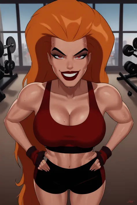 BREAK, score_6_up, score_9, score_8, score_7, 1girl, solo, Volcana, dcaustyle, red lips, lipstick, makeup, very long hair, orange hair, red eyes, black pupils, large breasts, cleavage, curvy, athletic, looking at viewer, seducing viewer, teasing viewer, sm...