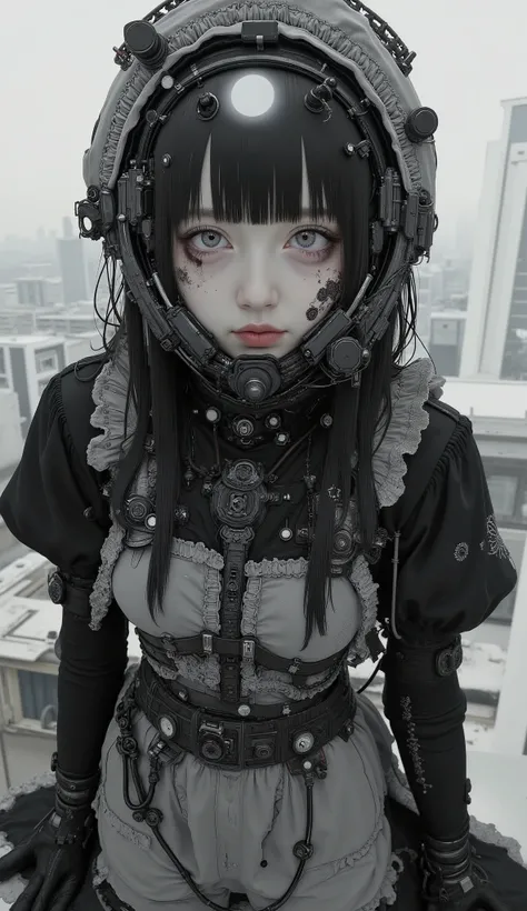 It features multiple intricate ornaments and textures、精巧で詳細な白黒のメイド風デザインのSpace Suitを着ている人がいます. The costume is mostly black with white accents, Space Suit. The composition is、It highlights the close attention to detail in the costume design.I can see a worri...