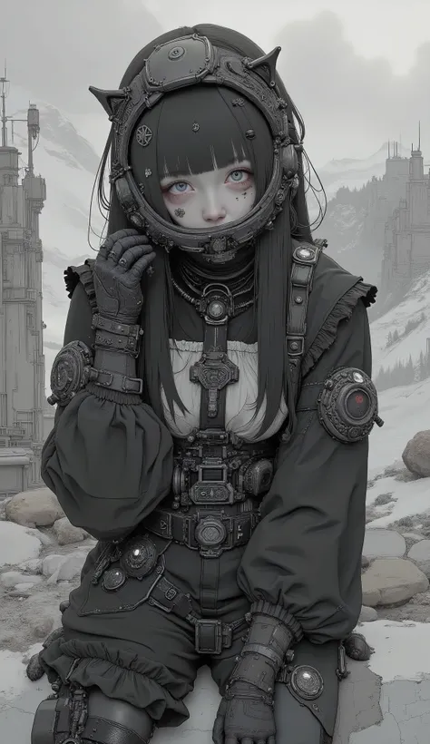 It features multiple intricate ornaments and textures、精巧で詳細な白黒のメイド風デザインのSpace Suitを着ている人がいます. The costume is mostly black with white accents, Space Suit. The composition is、It highlights the close attention to detail in the costume design.I can see a worri...