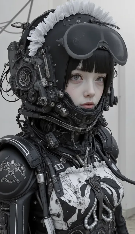 It features multiple intricate ornaments and textures、精巧で詳細な白黒のメイド風デザインのSpace Suitを着ている人がいます. The costume is mostly black with white accents, Space Suit. The composition is、It highlights the close attention to detail in the costume design.I can see a worri...
