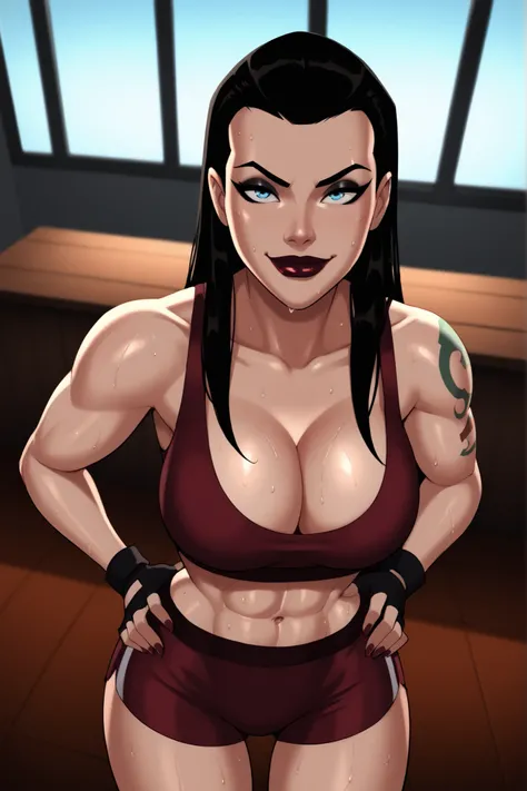 BREAK, score_9, score_8_up, score_7_up, score_6_up, Roulette, 1girl, solo, black hair, blue eyes, long hair, lipstick, makeup, large breasts, cleavage, curvy, athletic, shoulder tattoo, thigh tattoo, looking at viewer, seducing viewer, teasing viewer, smil...