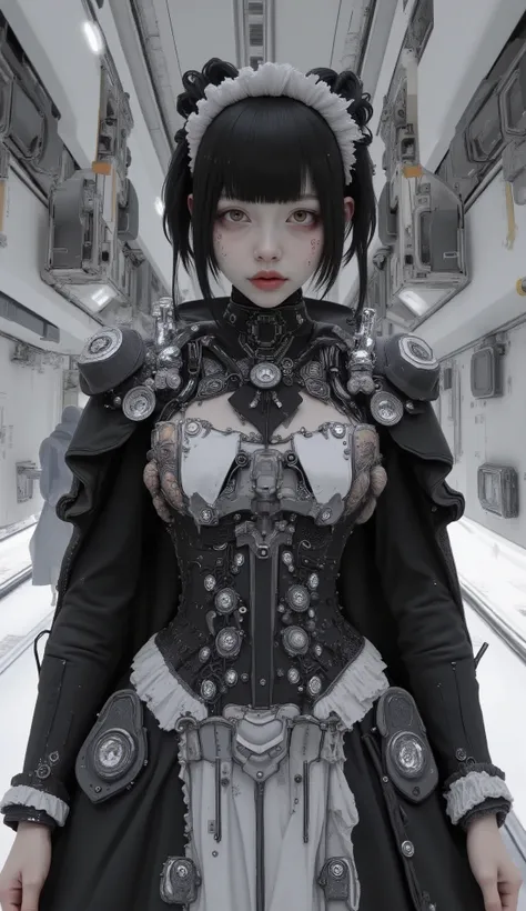 It features multiple intricate ornaments and textures、精巧で詳細な白黒のメイド風デザインのSpace Suitを着ている人がいます. The costume is mostly black with white accents, Space Suit. The composition is、It highlights the close attention to detail in the costume design.The black cloak i...