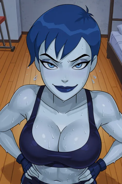 BREAK, score_6_up, score_7_up, score_8_up, score_9, su_frost, 1girl, solo, blue eyes, blue hair, blue lips, blue skin, colored skin, lipstick, makeup, short hair, masterpiece, best quality, large breasts, busty, cleavage, curvy, athletic, looking at viewer...
