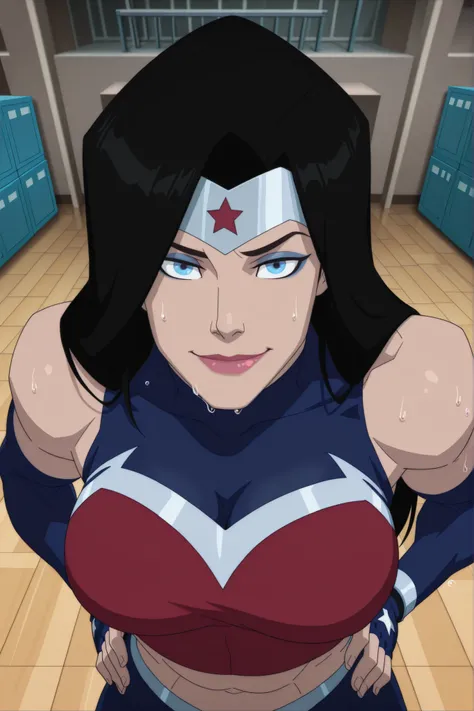 BREAK, score_6_up, score_7_up, score_8_up, score_9, 1girl, solo, long hair, blue eyes, black hair, bare shoulders, blue eyes, muscular female, midriff, bare shoulders, lipstick, makeup, wwBl00d, large breasts, busty, cleavage, curvy, athletic, looking at v...