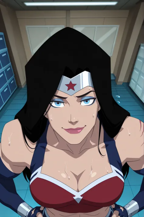 BREAK, score_6_up, score_7_up, score_8_up, score_9, 1girl, solo, long hair, blue eyes, black hair, bare shoulders, blue eyes, muscular female, midriff, bare shoulders, lipstick, makeup, wwBl00d, large breasts, busty, cleavage, curvy, athletic, looking at v...