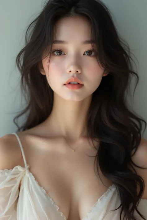 close-up of a woman with long wavy hair, WONYOUNG, popular makeup in Korea, Karina from Aespa, Portrait of Won-young from IVE、artistic nudity