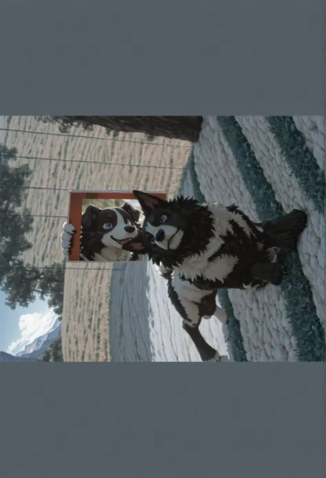 the best quality, incredible quality, muy estético, extremely high resolution, hires, newest,  by Dr.._dairy, male hairy, hairy, a boy, Alone, Dog boy , border collie, blue eyes, happy, Dutch angle, field, mountains, detailed background, photo polaroid, 