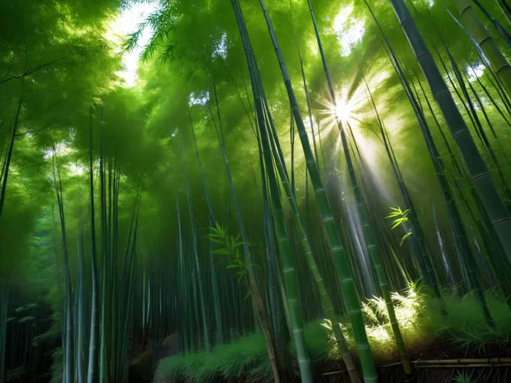 A breathtaking, photorealistic shot from within a lush green bamboo grove in Arashiyama, Kyoto. The camera is angled upwards, capturing the immense height of the bamboo stalks as they reach for the sky. Bright sunlight streams through the dense canopy, cas...