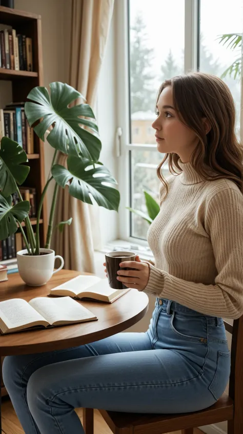 hyperrealistic photo of a beautiful slender russian young woman (25 years old) with long wavy brown hair and calm eyes, sitting by a window in her cozy apartment. She is wearing a soft beige knitted sweater and high-waisted jeans. Soft morning light is str...