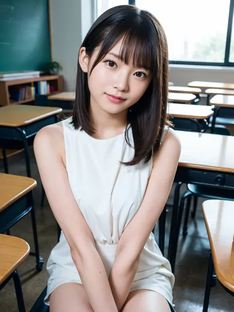 (( Highest Quality)), ((masterpiece)), (  details),  2 women,10 years old,cute, small breasts, elementary school girl,(( Nude 1.3)), brown hair,classroom,above the knee shot 