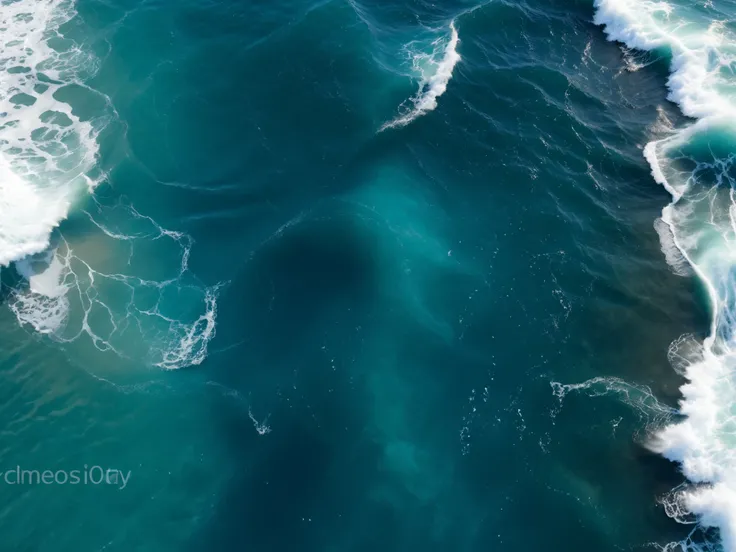 Aerial top-down view of the ocean surface, waves crashing, foamy white patterns on turquoise and deep blue water, highly detailed, photorealistic, cinematic, natural lighting, ultra high resolution, drone photography style
