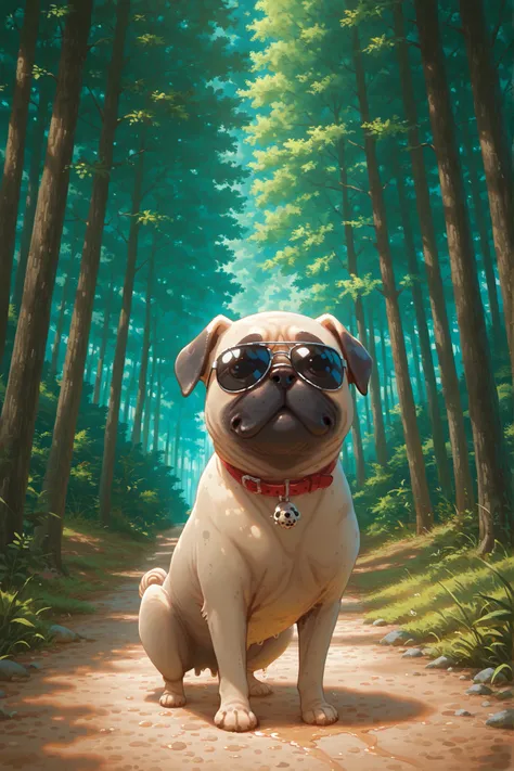 pug with black sunglasses, Cool1Picture of a dog, nature, extremely High Quality Art , High Quality Art , High Quality Oil Paintings, Detailed works, Detailed Acrylic Painting, VERY DEFINITION PAINTING