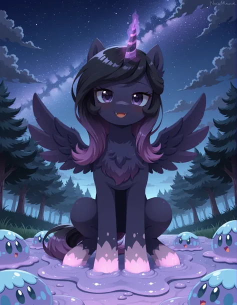 (Noxmauve:1.3),, masterpiece, best quality, amazing quality, very aesthetic, absurdres, fx, newest, ((detailed background)), 1girl, feral, feral pony, friendship is magic my little pony Character, night time, night, nighttime, solo,
{Purple body, purple sk...