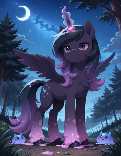 (Noxmauve:1.3),, masterpiece, best quality, amazing quality, very aesthetic, absurdres, fx, newest, ((detailed background)), 1girl, feral, feral pony, friendship is magic my little pony Character, night time, night, nighttime, solo,
{Purple body, purple sk...