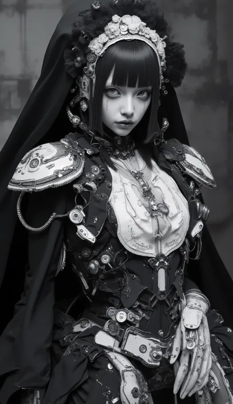It features multiple intricate ornaments and textures、精巧で詳細な白黒のメイド風デザインのSpace Suitを着ている人がいます. The costume is mostly black with white accents, Space Suit. The composition is、It highlights the close attention to detail in the costume design.The black cloak i...