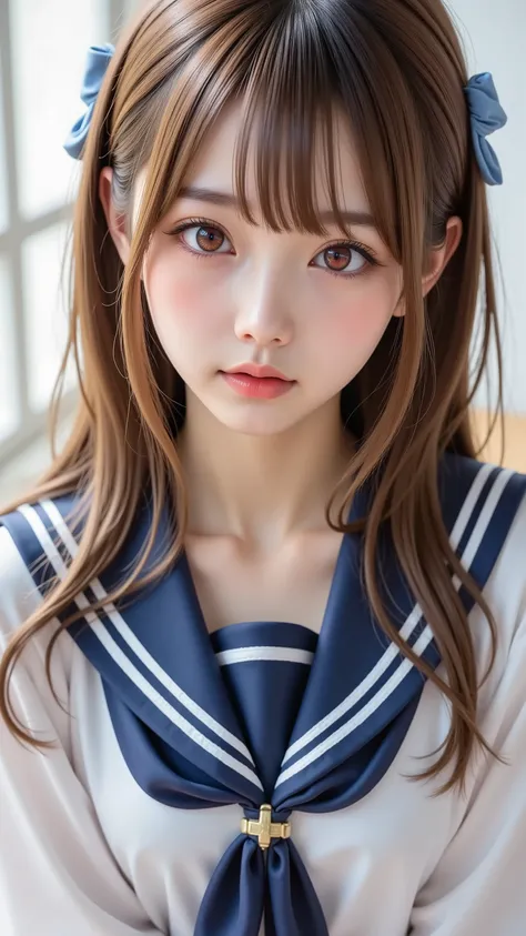 young girl, Light blue ribbon in the hair, ((更衣室でuniformに着替え中)), (Big red eyes , Colored contact lenses), ((redness on cheeks:1.2, very anxious expression:1.2)), uniform, masterpiece, Ultra Fine, super real, Light, Delicate Details, Realistic, 8K, Professi...