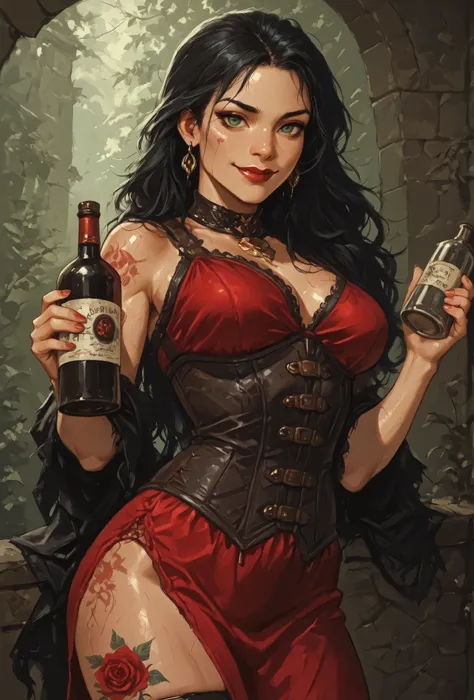 Drawn like the artist Bob Kehl. She looks like Rose from Street Fighter V. She has a bright smile on her full red lips. Soft features. She smiles clever-ly. She winks at the viewer. She has long black hair, toned skin and a red rose tattoo on her thigh. We...