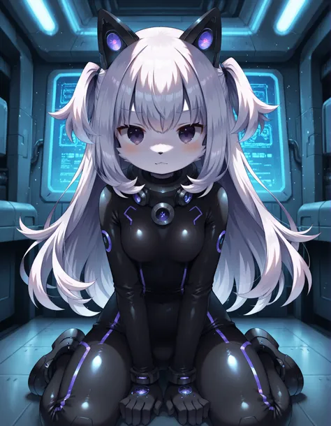 (Noxmauve:1.3),, masterpiece, best quality, very aesthetic, 1girl,, furry, two side up, purple eyes, plug bodysuit, black suit, sci-fi, indoors, mechanical ears,