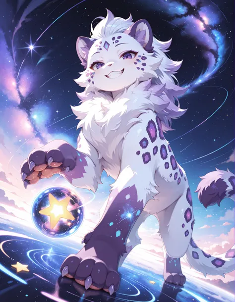 (Noxmauve:1.3),, solo, female, hair, fluffy, tail, smile, looking at viewer, white body, teeth, feral, semi-anthro, claws, white fur, tuft, markings, leopard, paws, 3 toes, pawpads, purple body, spots, grin, purple fur, quadruped, star, sparklefur, cosmic...