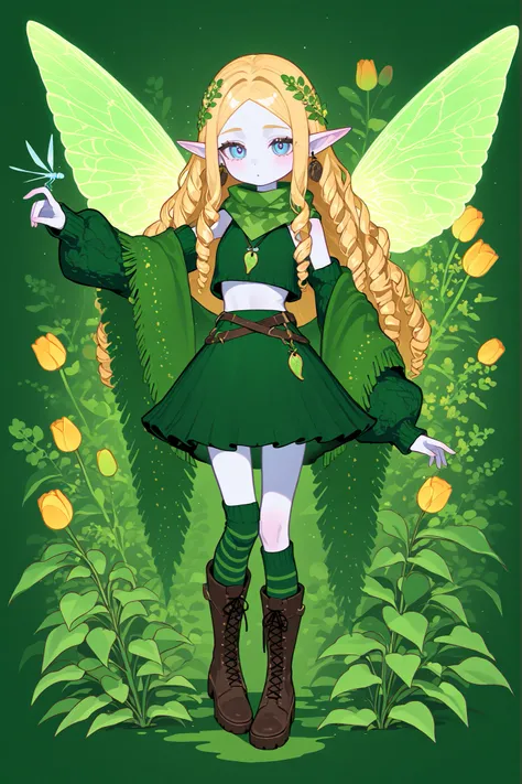 (xxx667_illu,novuschroma15 style,) Faèrie princess. She has tall, thin miniature physique. She has holographic dragonfly wings. She has pale ivory skin and long pointy elf ears. Her eyes are sky-blue. She has longest floor-length golden-blonde ringlet hair...