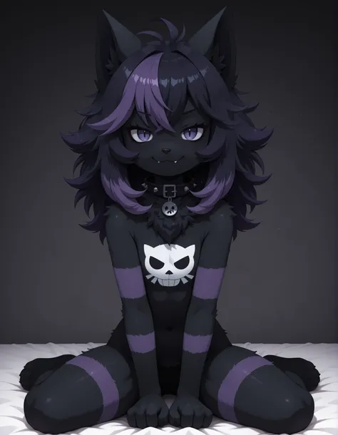 (Noxmauve:1.3),, jizoku, best quality, highest quality, (Anthro:1.5), Goth, furry, anthro, sitting, solo, (body fur), (black body, black skin, black fur), eyelashes, eyeliner, (black hair, purple hair, streaked hair), (messy hair, wild hair), animal ears, ...