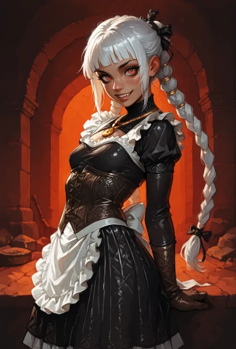 She looks like Elena from Street Fighter and has a horizontal scar across her nose. Inca girl with white and dark dreadlocks, deep red-coloured eyes, slanted Asian eyes, sharp canine teeth, black eyeliner, athletic body and soft abs. Slender and athletic. ...