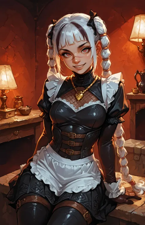 She looks like Elena from Street Fighter and has a horizontal scar across her nose. Inca girl with white and dark dreadlocks, deep red-coloured eyes, slanted Asian eyes, sharp canine teeth, black eyeliner, athletic body and soft abs. Slender and athletic. ...