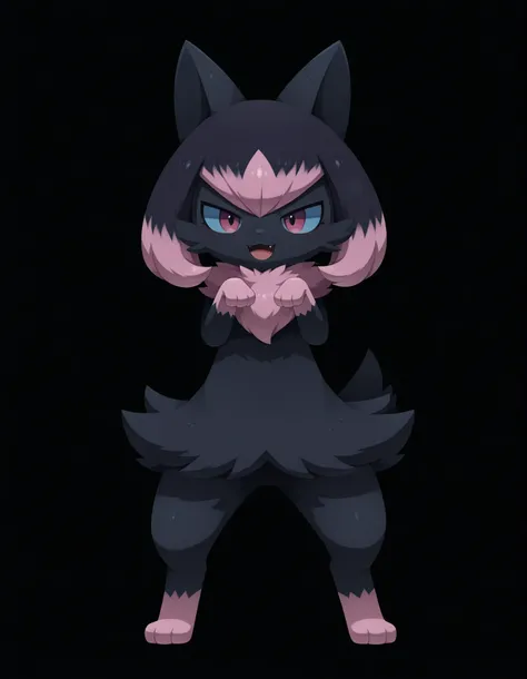 (Noxmauve:1.3),, solo, smile, open_mouth, pink_eyes, simple_background, black_hair, standing, full_body, pink_hair, multicolored_hair, fang, hands_up, pokemon_\(creature\), black_background, paw_pose, black_fur, blue_sclera, highlights_(coloring),, Sum Sty...