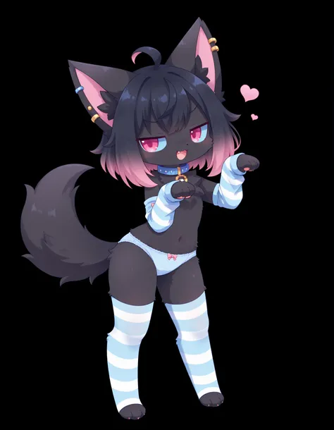 (Noxmauve:1.3),, solo, smile, open_mouth, pink_eyes, simple_background, black_hair, standing, full_body, pink_hair, multicolored_hair, fang, hands_up, pokemon_\(creature\), black_background, paw_pose, black_fur, blue_sclera, highlights_(coloring), gradient...
