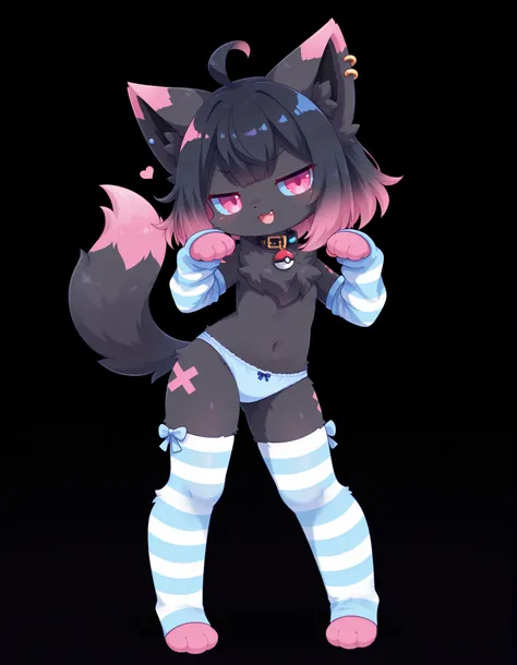 (Noxmauve:1.3),, solo, smile, open_mouth, pink_eyes, simple_background, black_hair, standing, full_body, pink_hair, multicolored_hair, fang, hands_up, pokemon_\(creature\), black_background, paw_pose, black_fur, blue_sclera, highlights_(coloring), gradient...