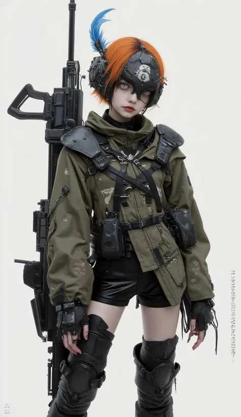 Young individual, They're probably teenagers, standing confidently. The clothing combines tactical elements with futuristic elements, Dark, Mr.々Oversized jacket with buckle accessories. ジャケットの色あせたオリーブと黒のトーンがMr.々creates a. has a huge rifle placed on the sho...