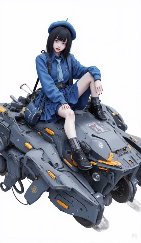 若い女の子がロボット車両の上に腰掛けている、ダイナミックで未来的なイラストです. 彼女は10歳から12歳くらいに見えます, 青い学校の制服とそれに合うベレー帽を着用しています, 彼女の顔は少し横を向いています. 彼女のサッチェル, にまっすぐな, 主に青と灰色のカラーパレットに暖かいオレンジのスプラッシュが加えられています. 彼女の下にあるロボットは、角張った複雑なデザインです, 装甲板と微妙な金属の質感. メカの背面には、日本語の文字と思われる判読できない文字が書かれた小さなナンバープレートが. 少女の姿...