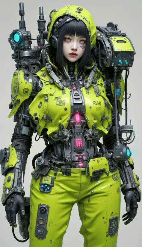 futuristic robot figures are drawn, including things like large plungers, equipped with multiple mechanical arms and dressed in a bright Yellow-green suit that resembles a hazmat or tactical environment gear. and々tools similar to the character's suit, (and...