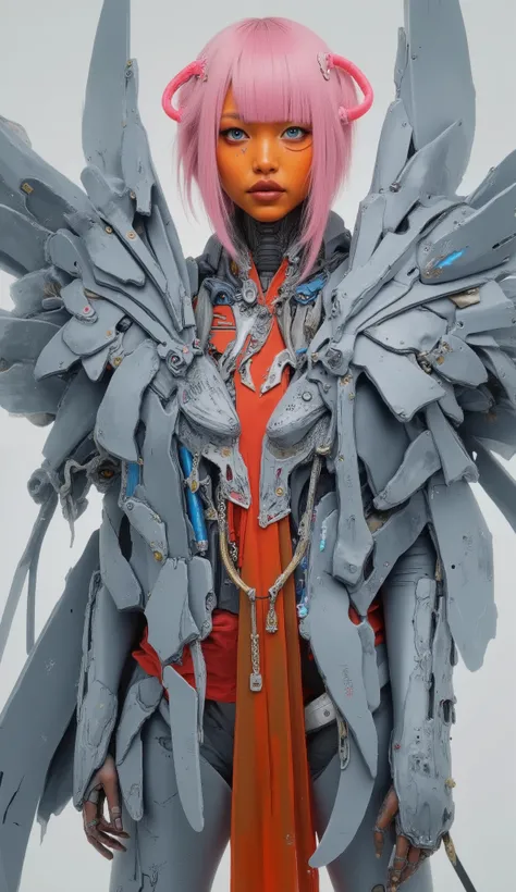 the young girl exudes a stylish and casual look, is wrapped in a surreal ensemble of mechanical armor、contrasts with her bright orange skin. her bright blue eyes and expressive face are short, pink hair, similar to her It gives an energetic attitude. She w...
