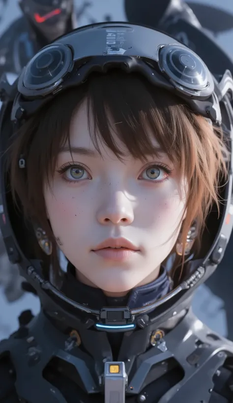 There is a picture of a woman wearing a helmet and goggles, Portrait Anime Space Cadet Girl, The Last Exile, :14 FLCL + Akira, The Last Exile anime, Accurate Mirror Surface of a Girl, cute cyborg girl, inspired by Kamisaka Yukika, produced at an anime pain...